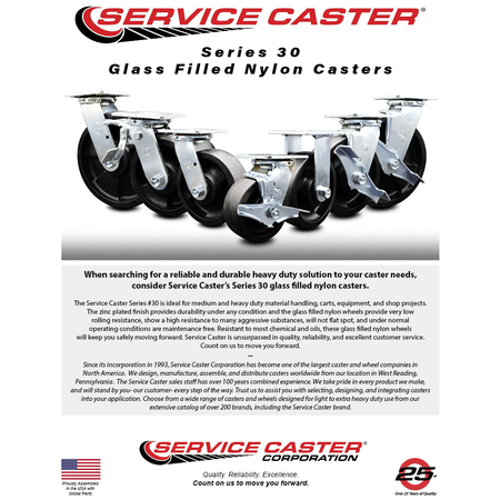 Service Caster 8 Inch Glass Filled Nylon Caster Set with Roller Bearings 2 Brakes 2 Rigid SCC SCC-TTL30S820-GFNR-2-R-2